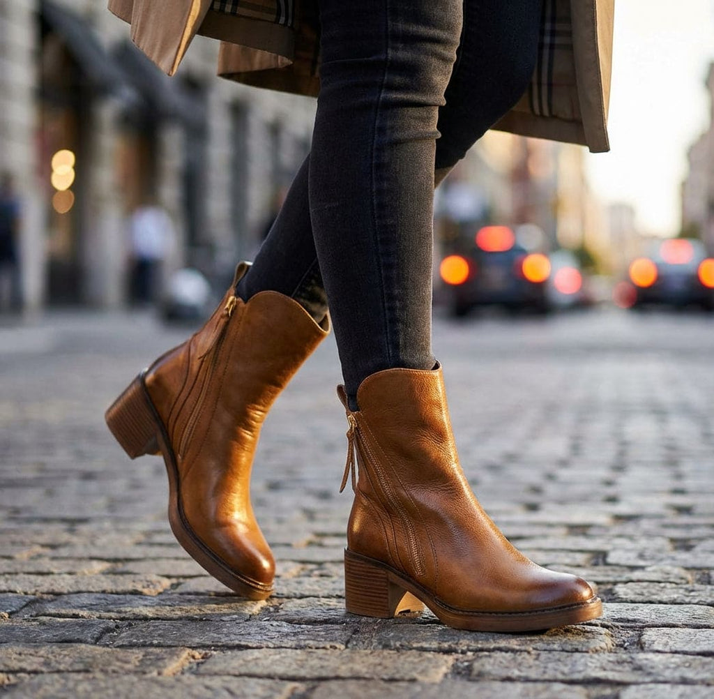 Pair of black mid-calf boots with gold side zips, brown stacked block heels and rounded toes on a white plinth._7