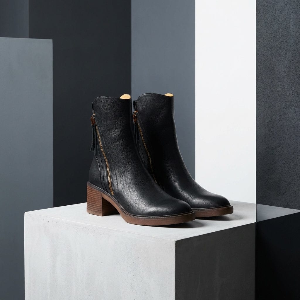 Pair of black mid-calf boots with gold side zips, brown stacked block heels and rounded toes on a white plinth._8