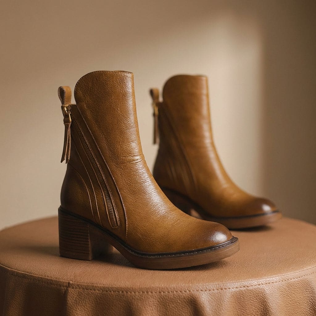 Julie | Black mid-calf block heel boots with gold side zip