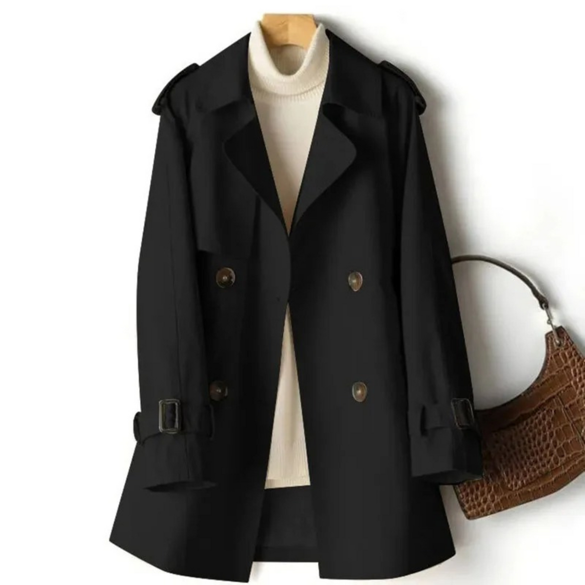 Black double-breasted trench coat displayed on a hanger over a light sweater, with notched lapels, shoulder tabs, sleeve straps, and dark buttons.