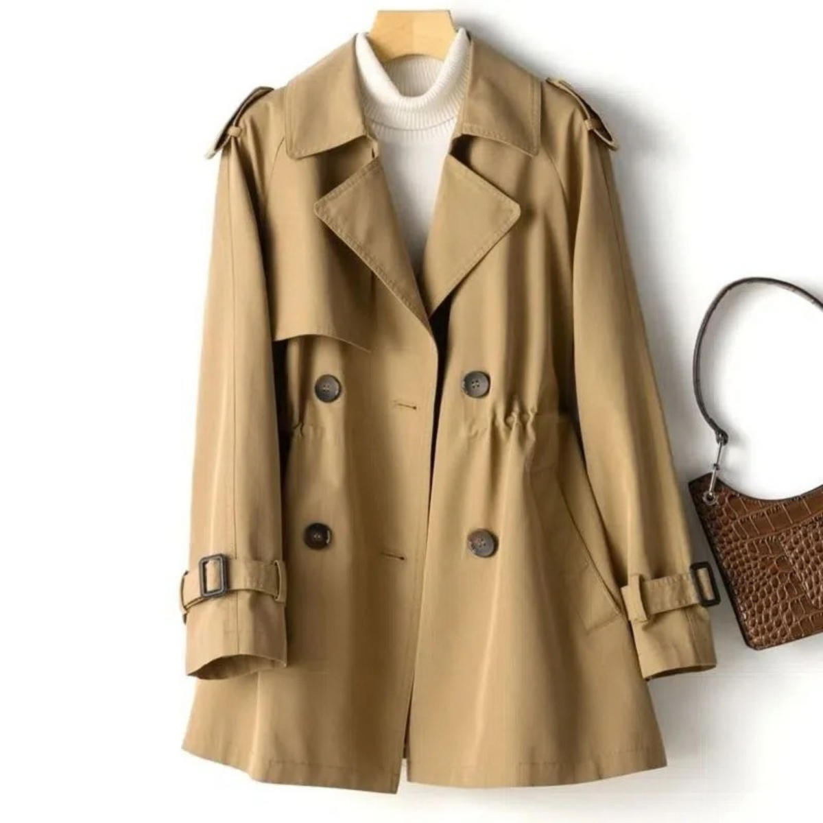 Camel tan double-breasted trench coat displayed on a hanger, featuring structured notched lapels, shoulder tabs, four dark buttons, and cuff straps.