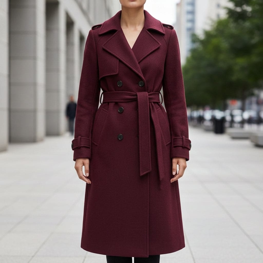 Woman wearing a belted double-breasted trench coat in deep burgundy with notched lapels and a tied waist belt, standing outdoors on a city sidewalk._0