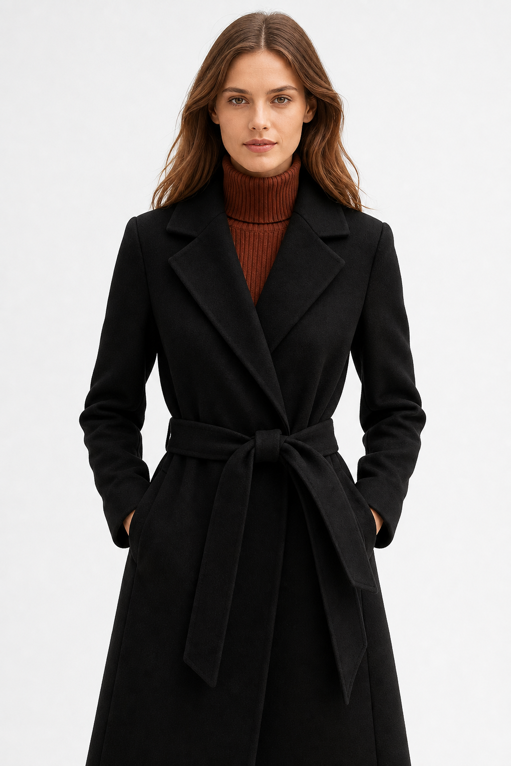 Woman wearing a camel belted midi coat with tie waist over a turtleneck and black trousers, standing in natural light._10