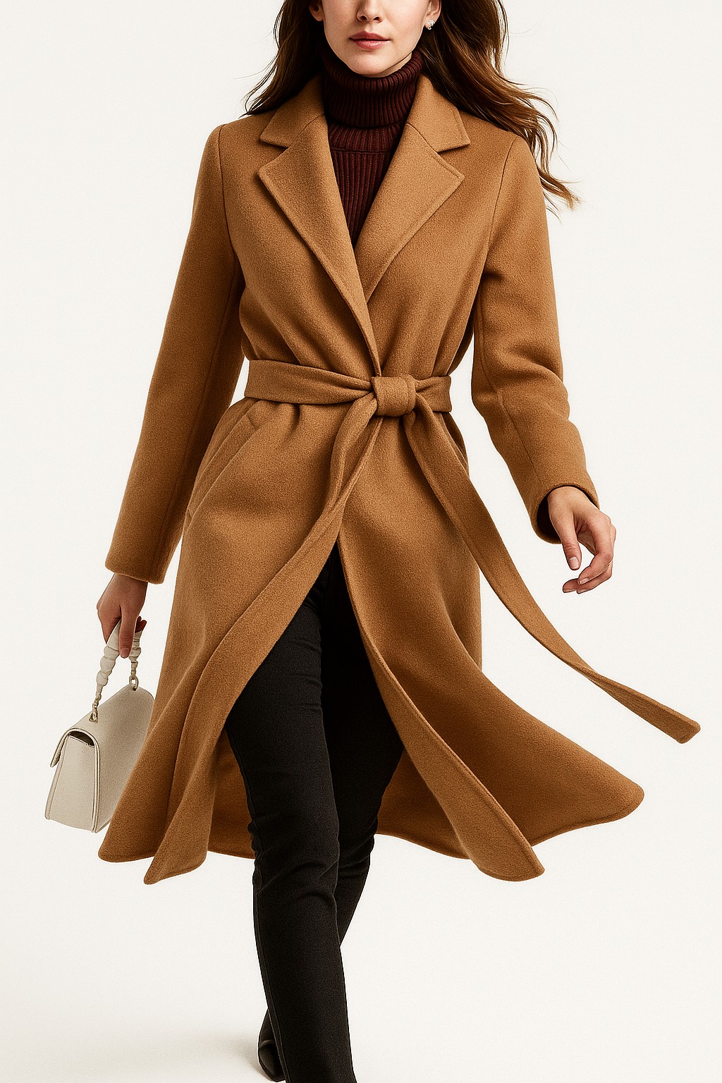 Woman wearing a camel belted midi coat with tie waist over a turtleneck and black trousers, standing in natural light._12