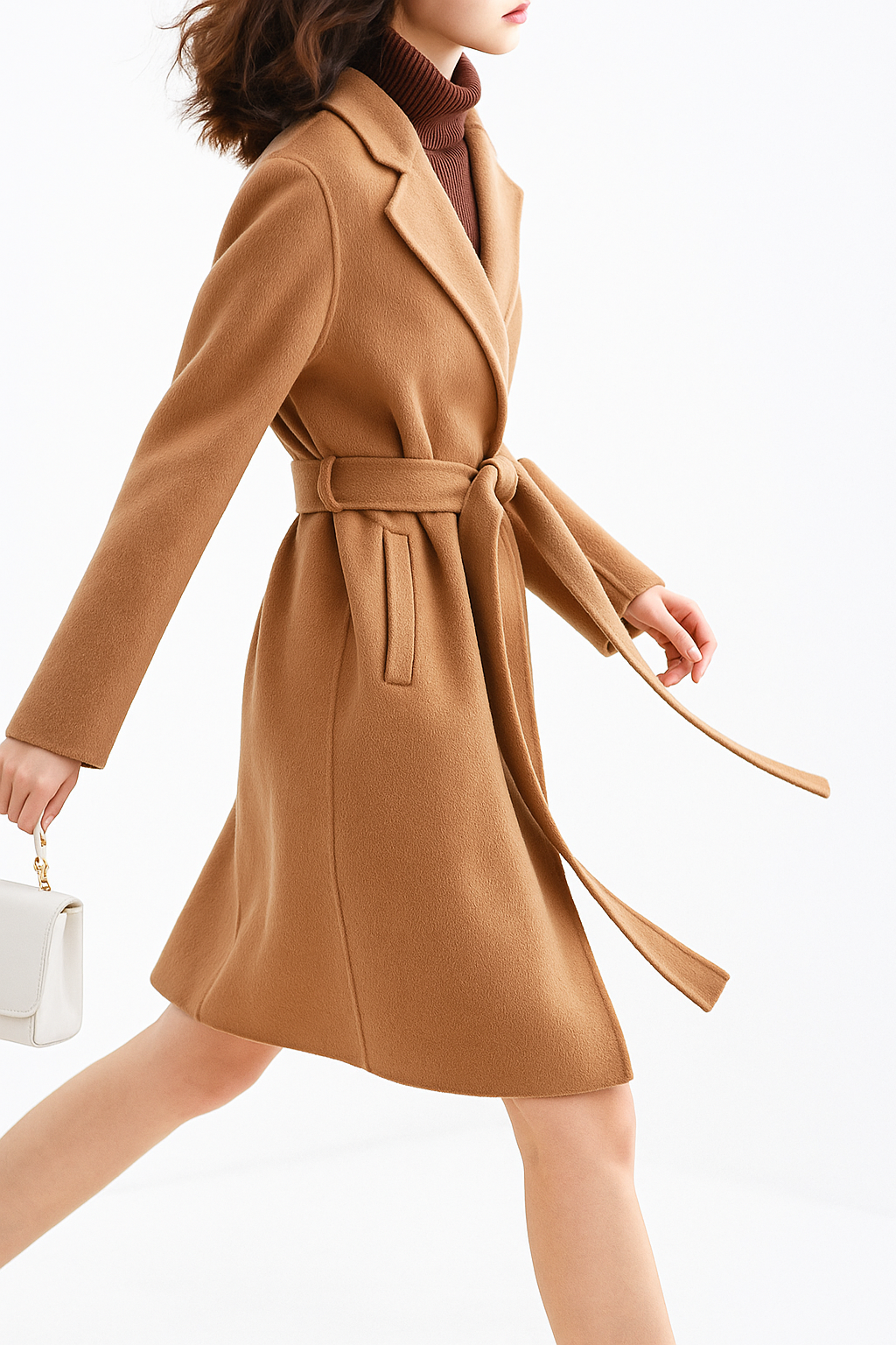 Woman wearing a camel belted midi coat with tie waist over a turtleneck and black trousers, standing in natural light._13