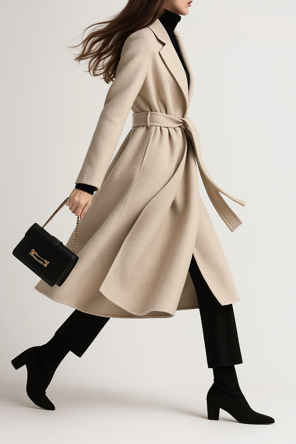 Woman wearing a camel belted midi coat with tie waist over a turtleneck and black trousers, standing in natural light._15