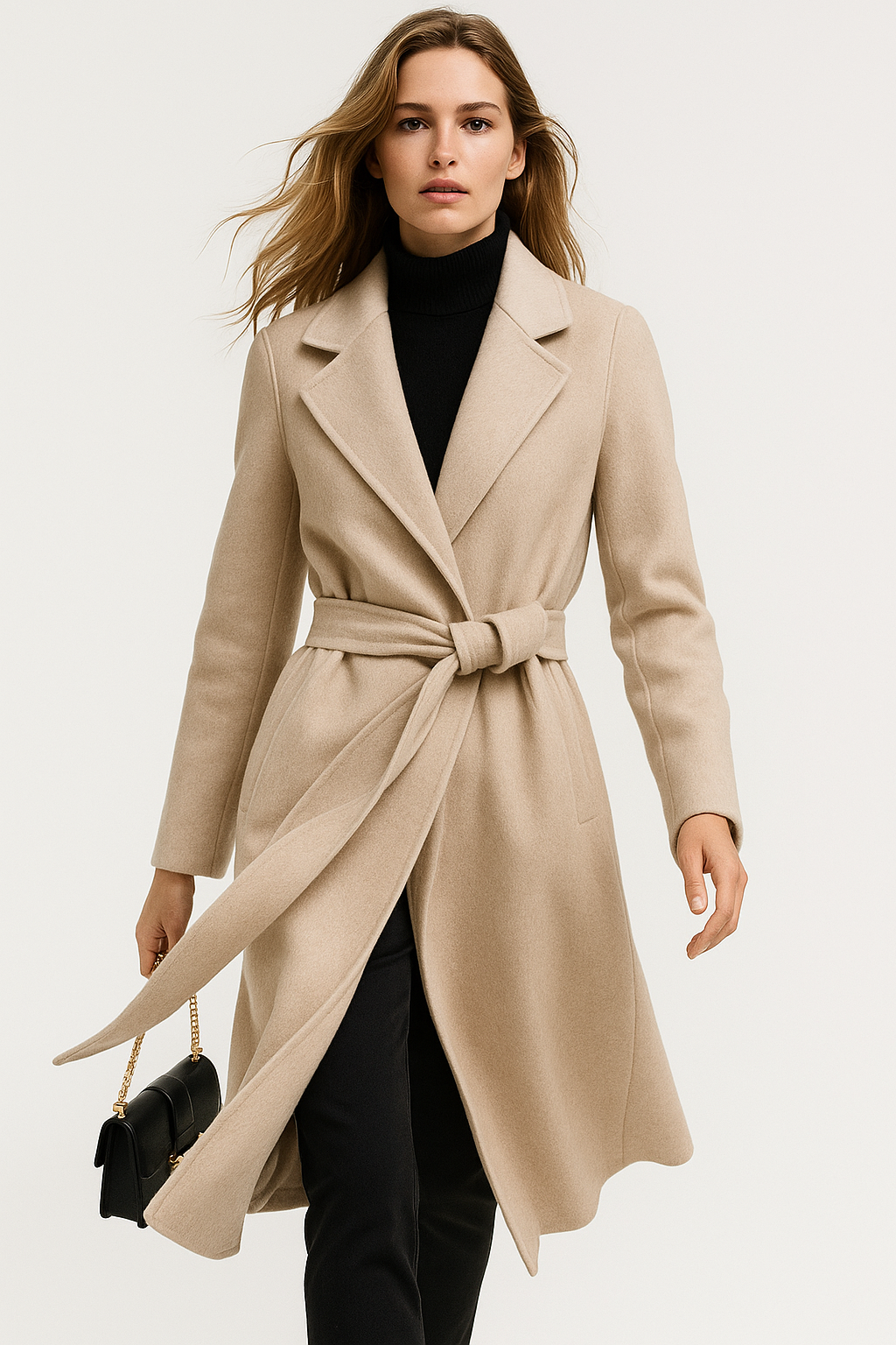 Woman wearing a camel belted midi coat with tie waist over a turtleneck and black trousers, standing in natural light._16