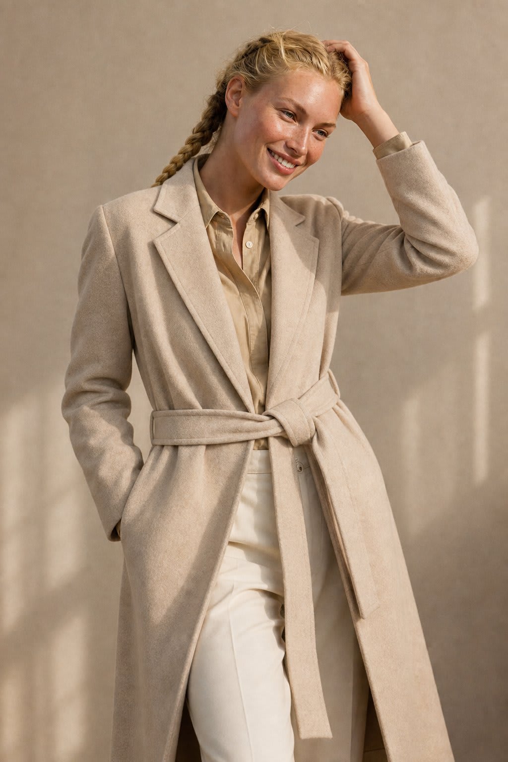Woman wearing a camel belted midi coat with tie waist over a turtleneck and black trousers, standing in natural light._2