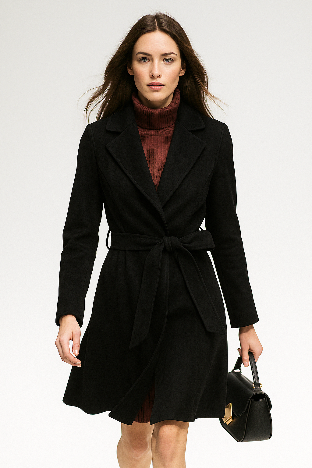 Woman wearing a camel belted midi coat with tie waist over a turtleneck and black trousers, standing in natural light._32