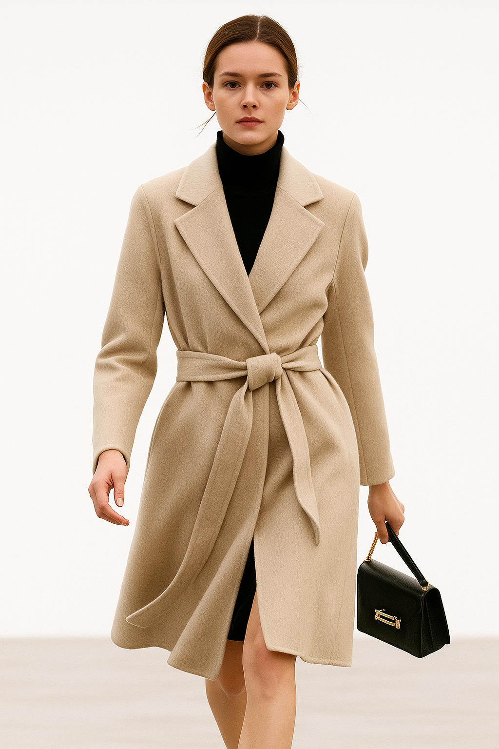 Woman wearing a camel belted midi coat with tie waist over a turtleneck and black trousers, standing in natural light._33