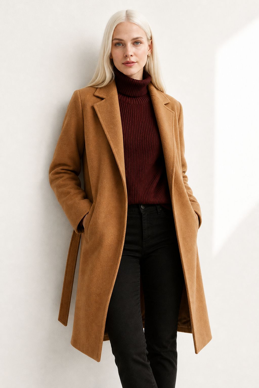 Woman wearing a camel belted midi coat with tie waist over a turtleneck and black trousers, standing in natural light._6