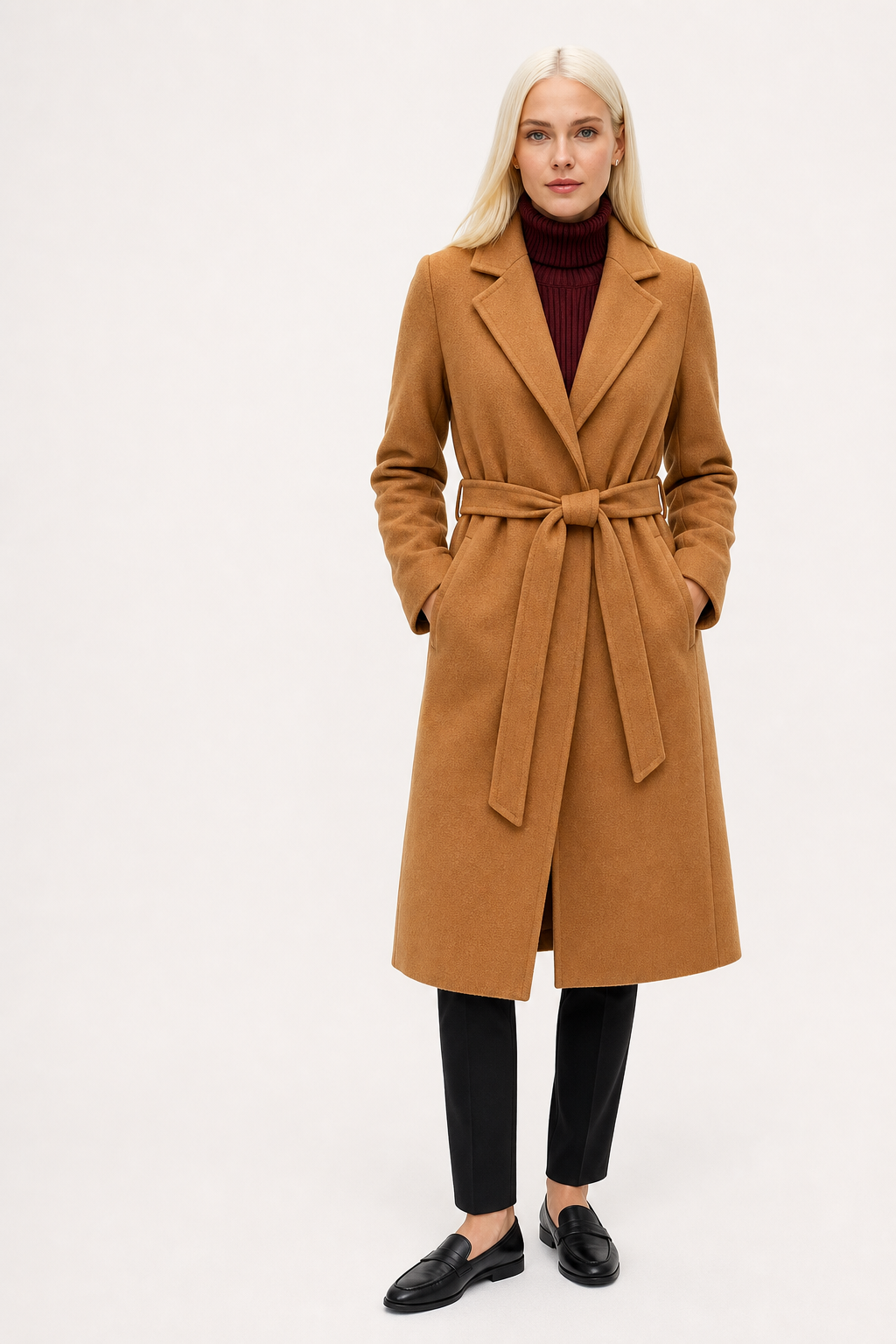 Woman wearing a camel belted midi coat with tie waist over a turtleneck and black trousers, standing in natural light._7