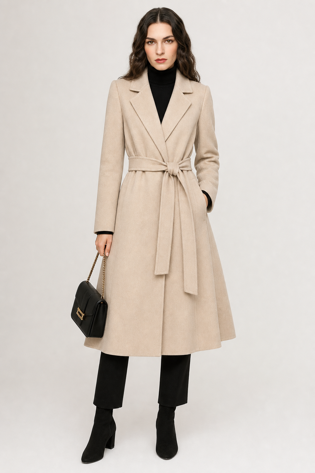 Woman wearing a camel belted midi coat with tie waist over a turtleneck and black trousers, standing in natural light._8