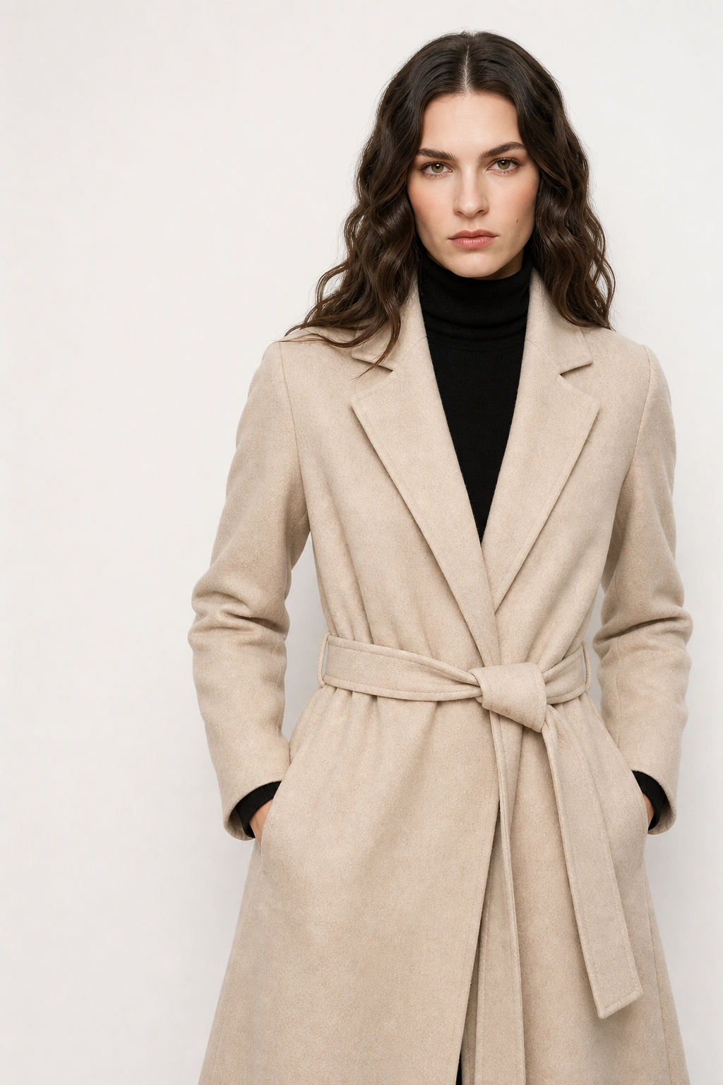 Woman wearing a camel belted midi coat with tie waist over a turtleneck and black trousers, standing in natural light._9