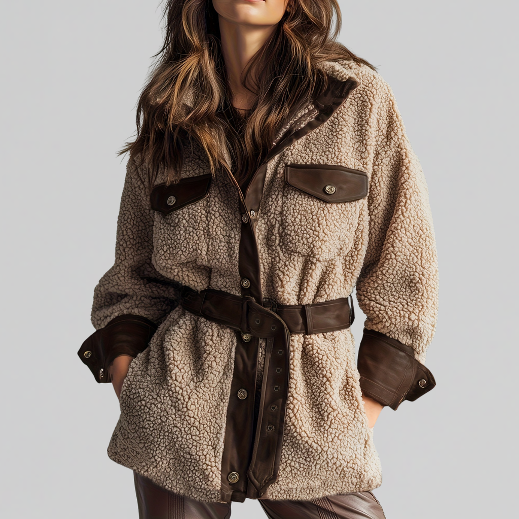 Woman wearing a textured teddy jacket with contrast trim, belted waist, and chest pockets._0