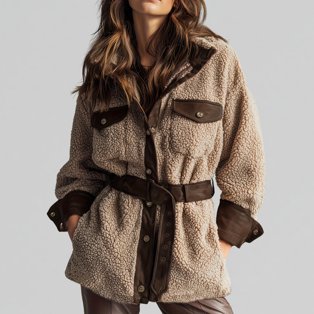 Woman wearing a textured teddy jacket with contrast trim, belted waist, and chest pockets._0