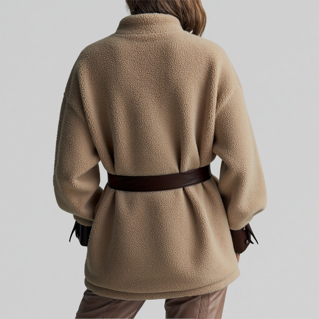 Woman wearing a textured teddy jacket with contrast trim, belted waist, and chest pockets._1