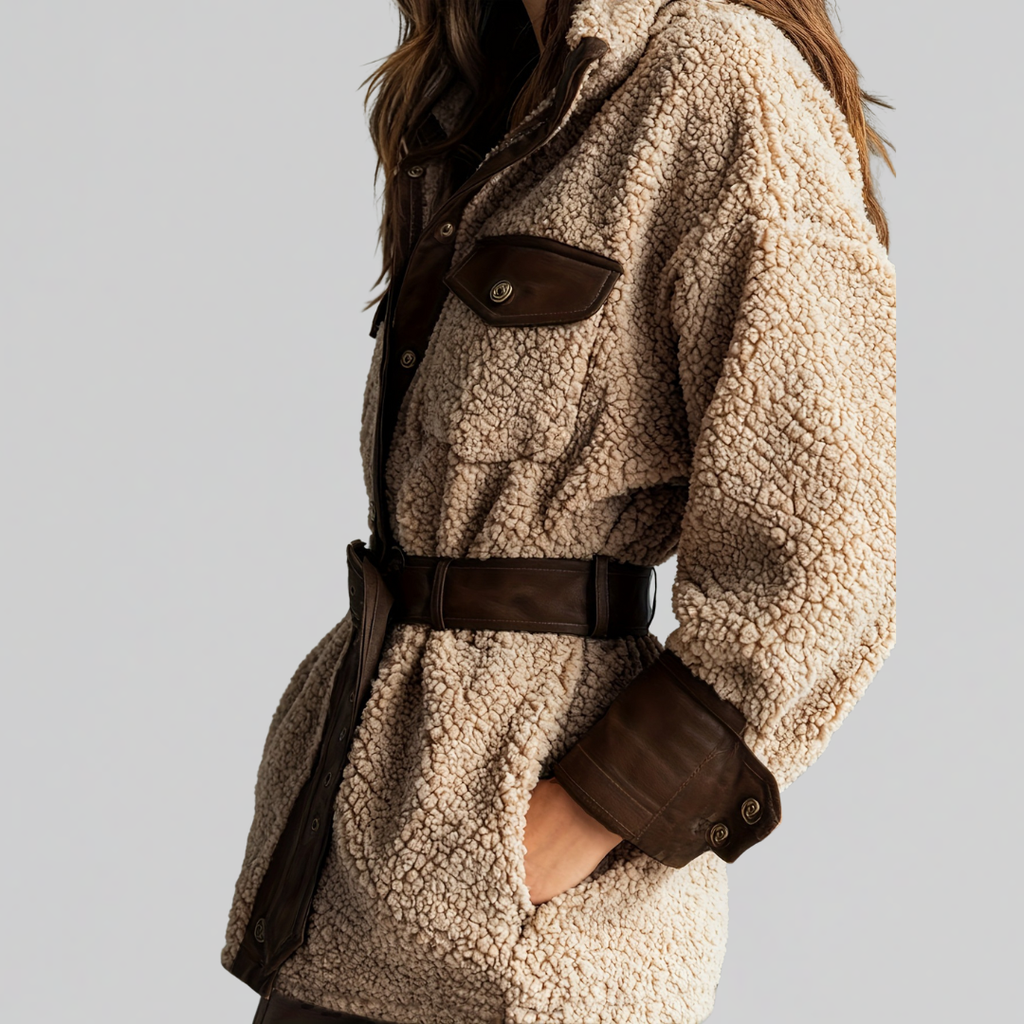 Woman wearing a textured teddy jacket with contrast trim, belted waist, and chest pockets._2