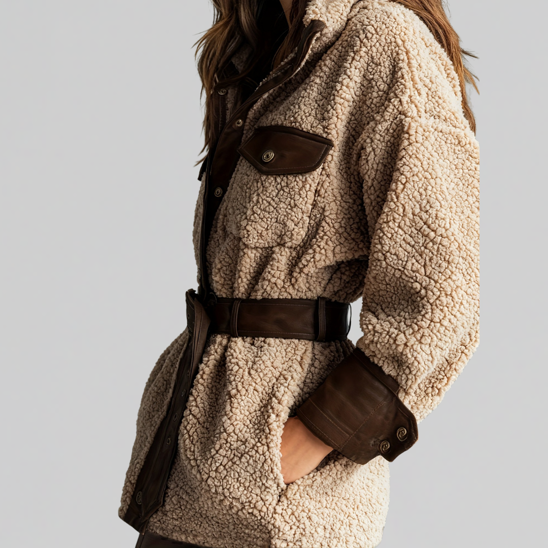 Woman wearing a textured teddy jacket with contrast trim, belted waist, and chest pockets._2