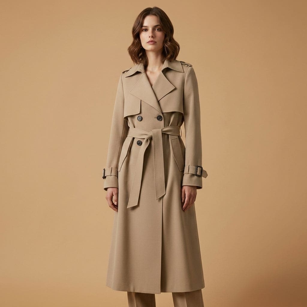 Woman wearing a belted trench coat in a classic silhouette with double-breasted front and tie waist against a neutral background._0