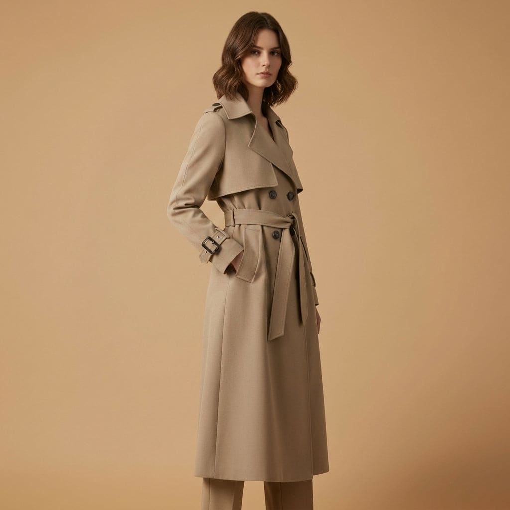 Woman wearing a belted trench coat in a classic silhouette with double-breasted front and tie waist against a neutral background._1