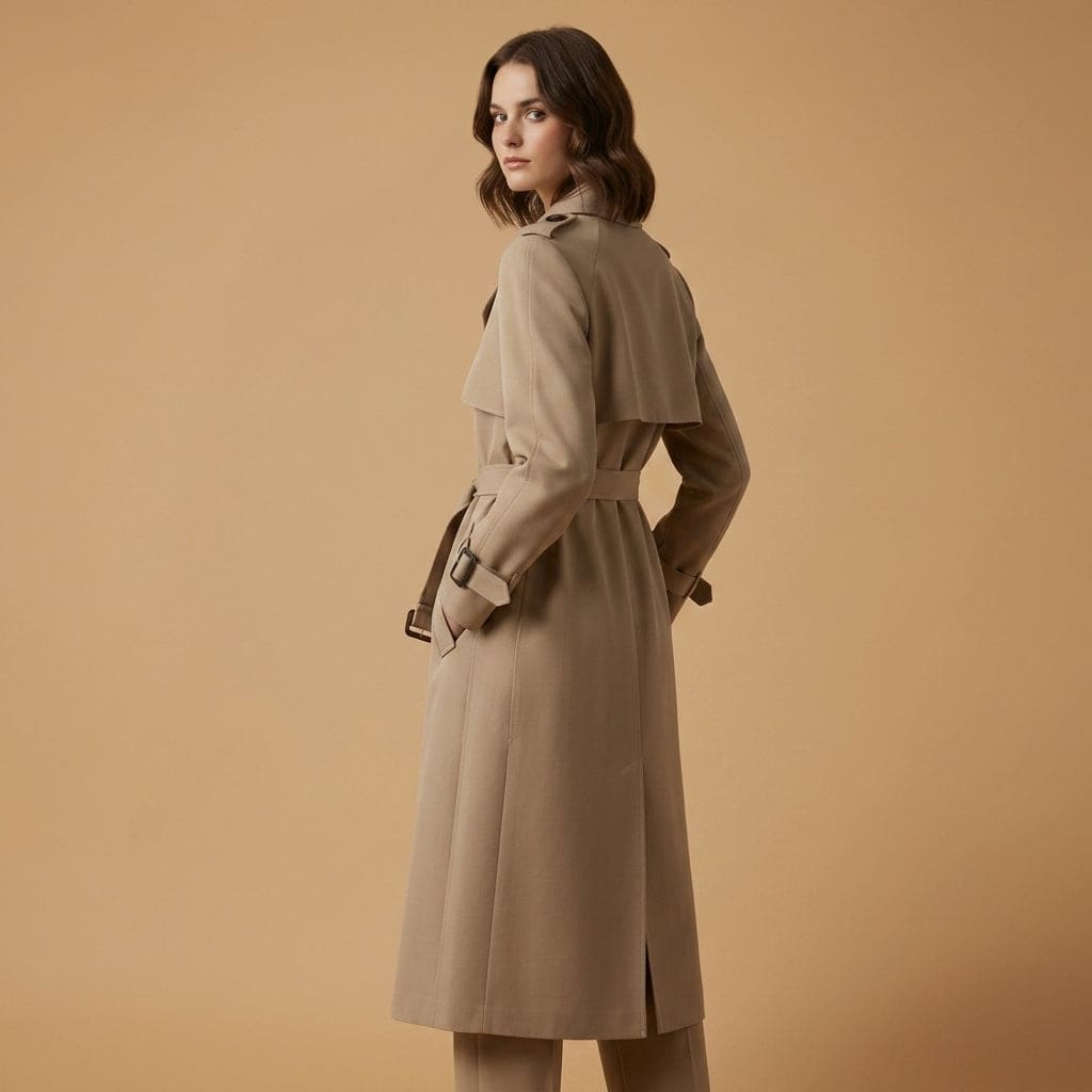Woman wearing a belted trench coat in a classic silhouette with double-breasted front and tie waist against a neutral background._2