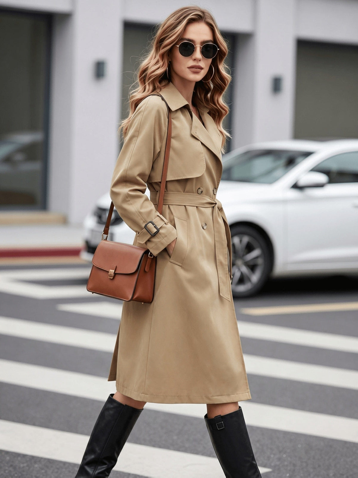 Woman wearing a belted trench coat with lapel collar and double breasted front, styled with black boots and a crossbody bag while crossing a city street._0