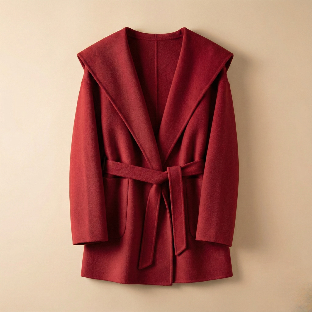 Woman wearing a belted wrap coat with a wide shawl collar, tie belt, and patch pockets over a turtleneck and trousers._10