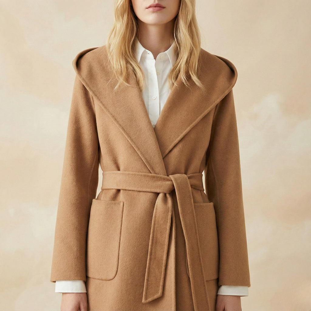 Woman wearing a belted wrap coat with a wide shawl collar, tie belt, and patch pockets over a turtleneck and trousers._11