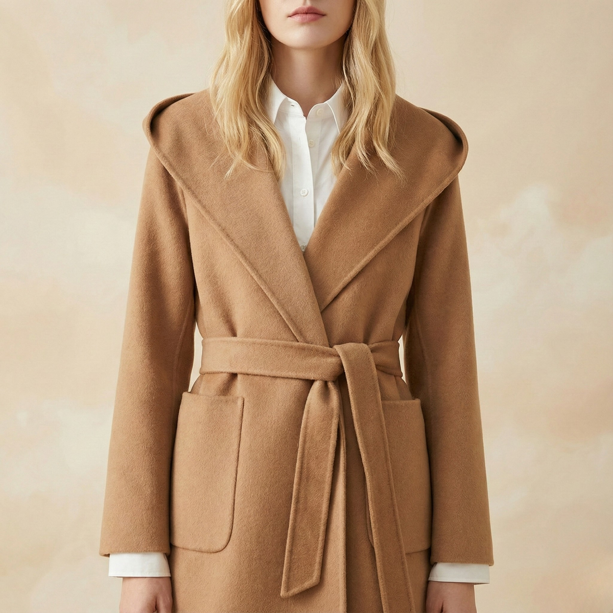 Woman wearing a belted wrap coat with a wide shawl collar, tie belt, and patch pockets over a turtleneck and trousers._11