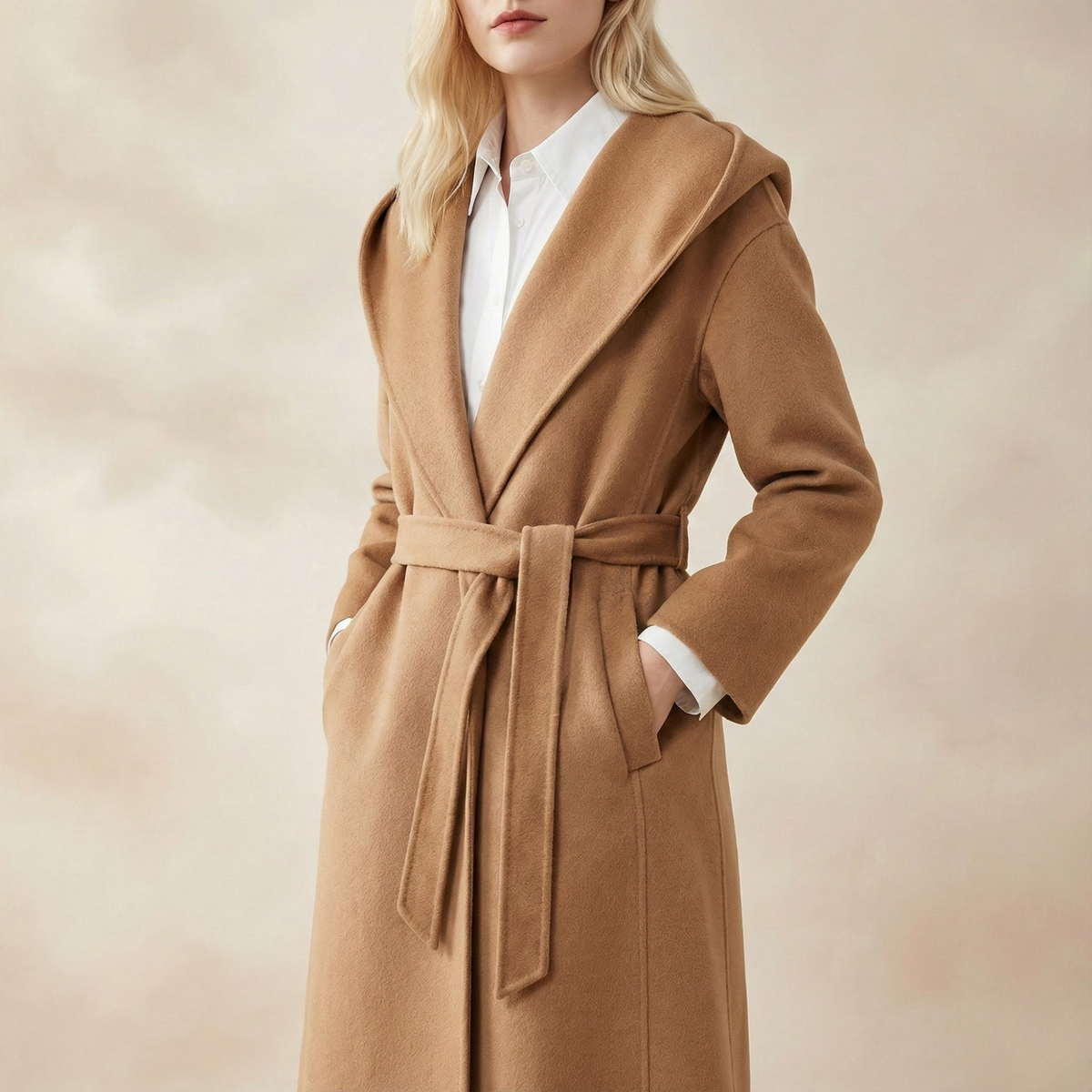 Woman wearing a belted wrap coat with a wide shawl collar, tie belt, and patch pockets over a turtleneck and trousers._12