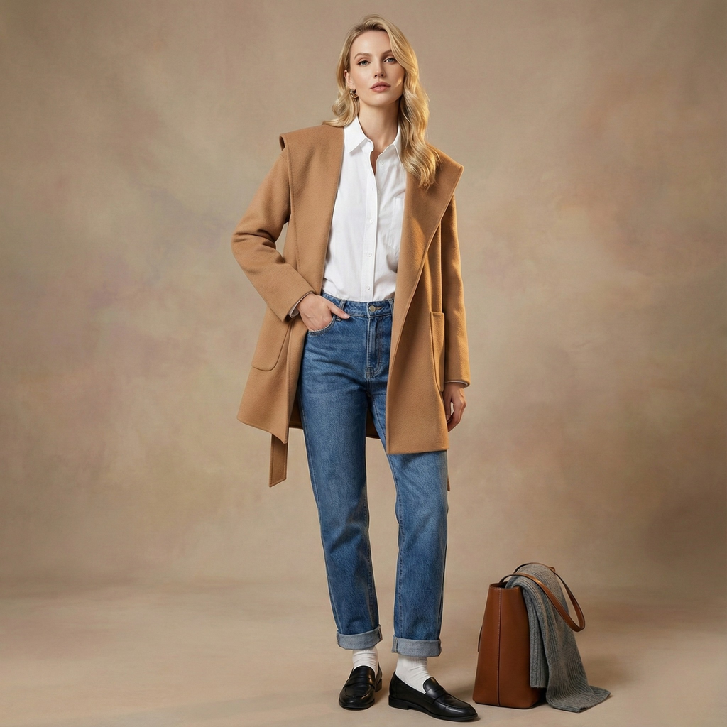 Woman wearing a belted wrap coat with a wide shawl collar, tie belt, and patch pockets over a turtleneck and trousers._13