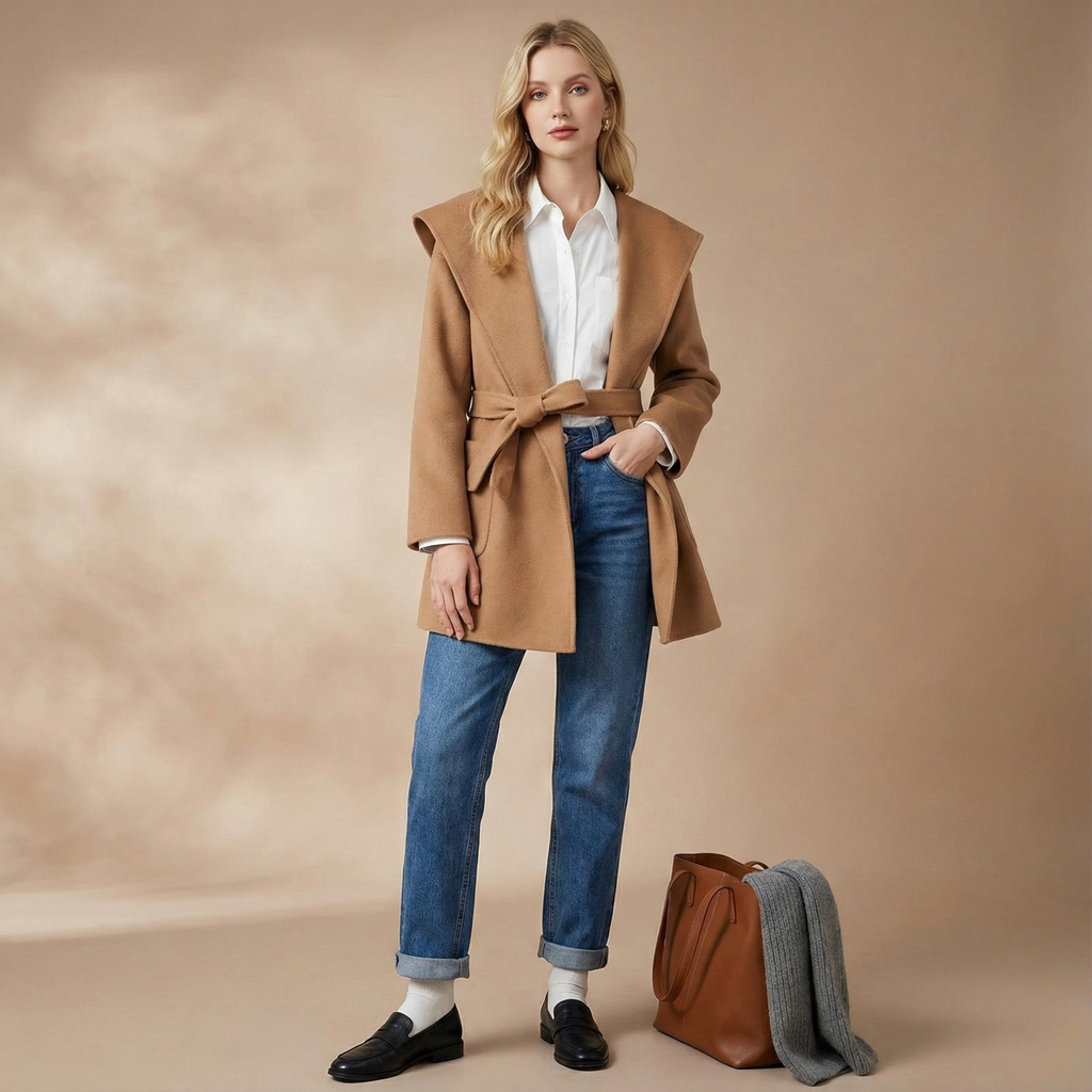 Woman wearing a belted wrap coat with a wide shawl collar, tie belt, and patch pockets over a turtleneck and trousers._14