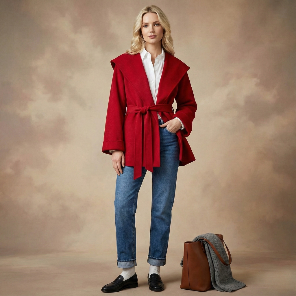 Woman wearing a belted wrap coat with a wide shawl collar, tie belt, and patch pockets over a turtleneck and trousers._15