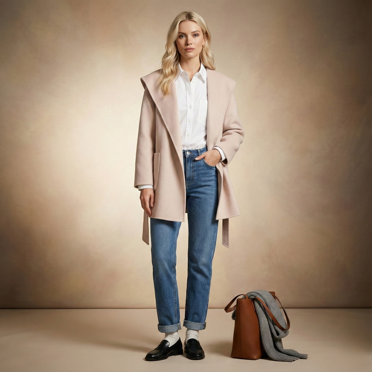 Woman wearing a belted wrap coat with a wide shawl collar, tie belt, and patch pockets over a turtleneck and trousers._16
