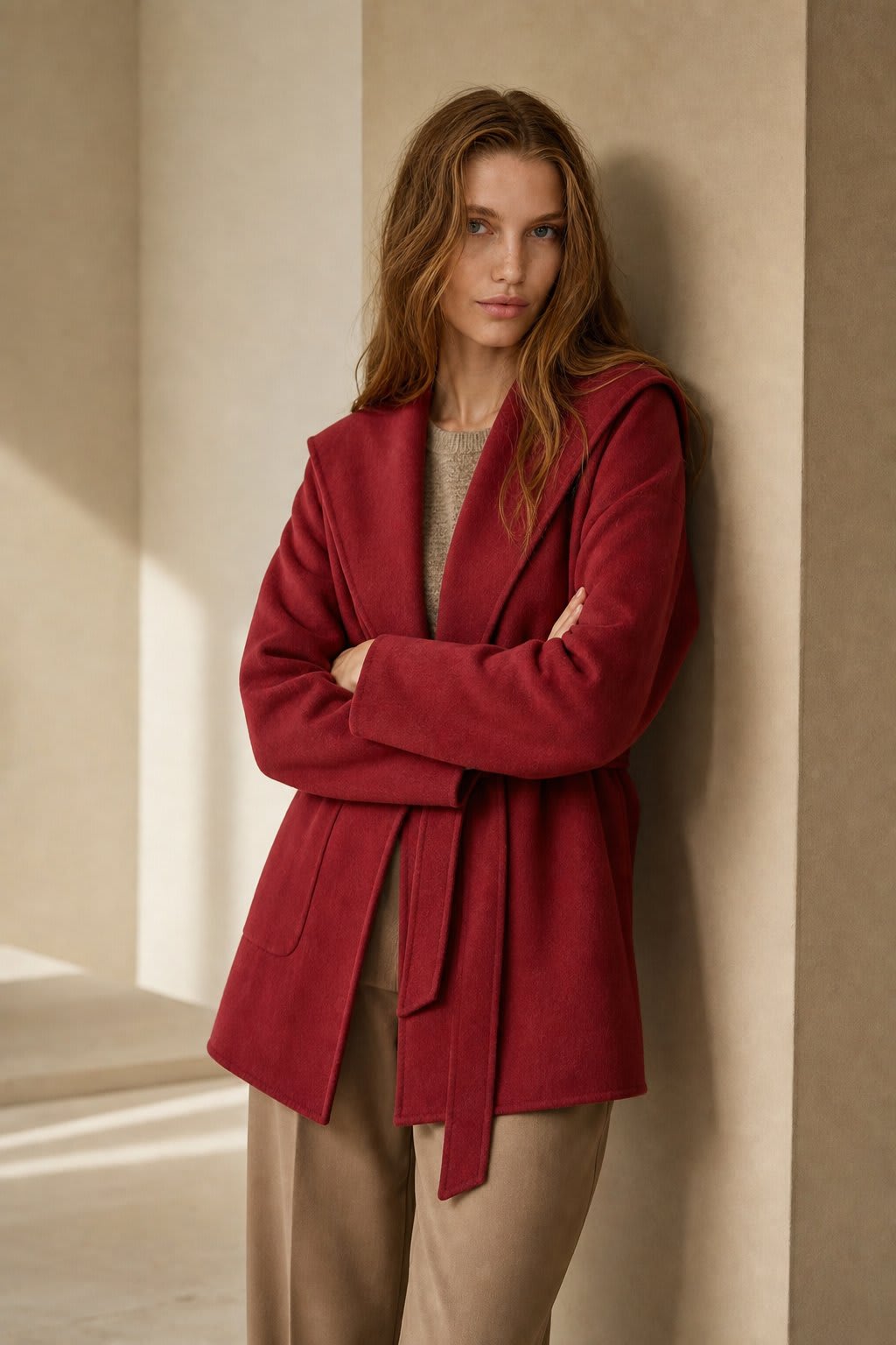 Woman wearing a belted wrap coat with a wide shawl collar, tie belt, and patch pockets over a turtleneck and trousers._2