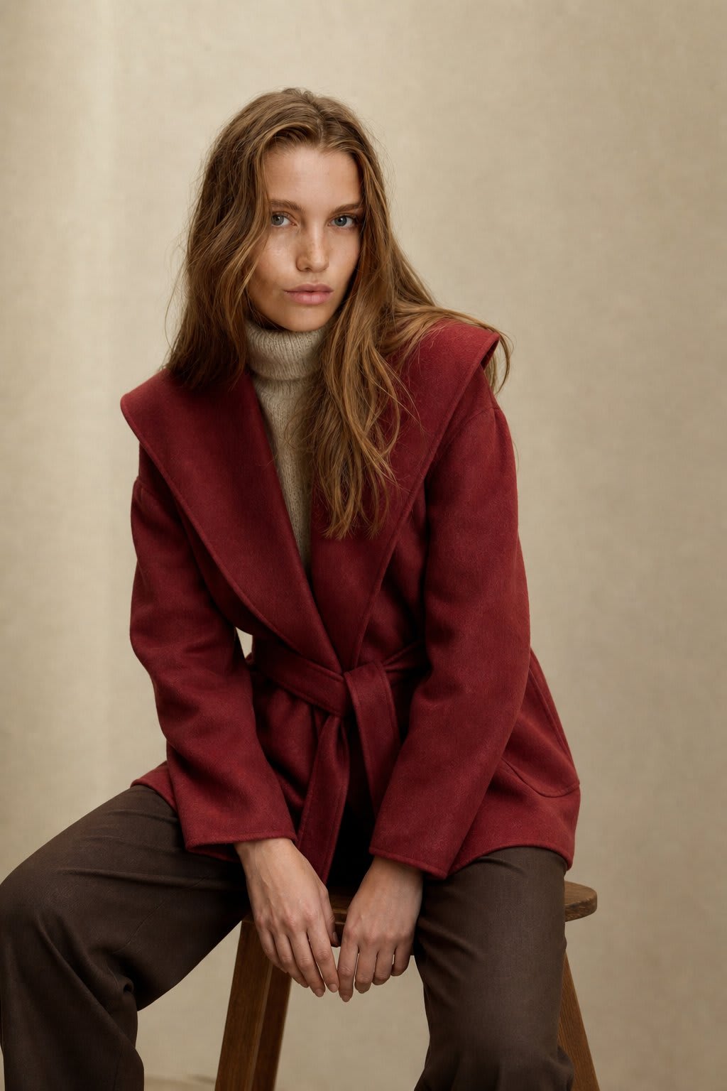 Sharon | belted wrap coat with wide shawl collar and patch pockets
