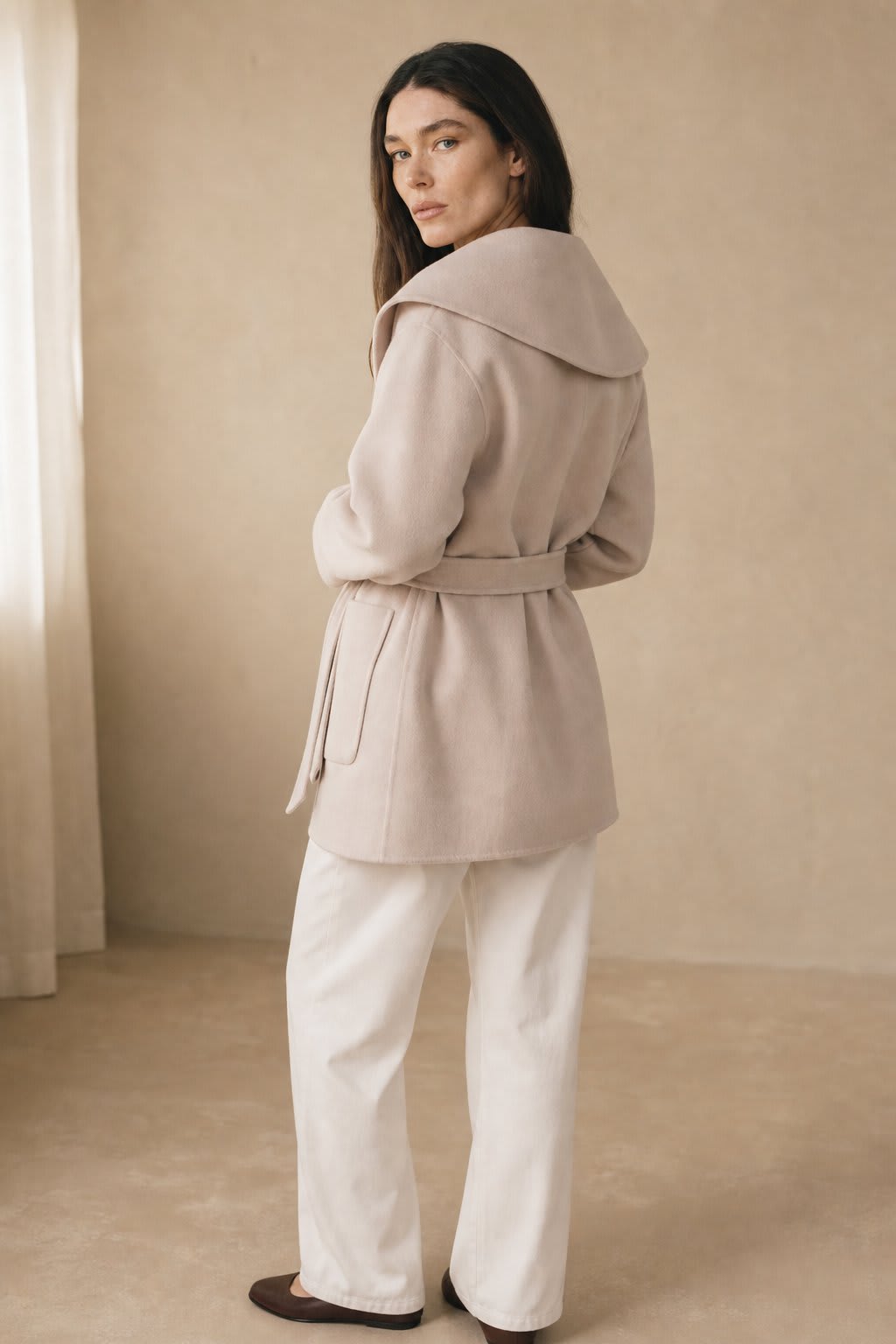 Sharon | belted wrap coat with wide shawl collar and patch pockets