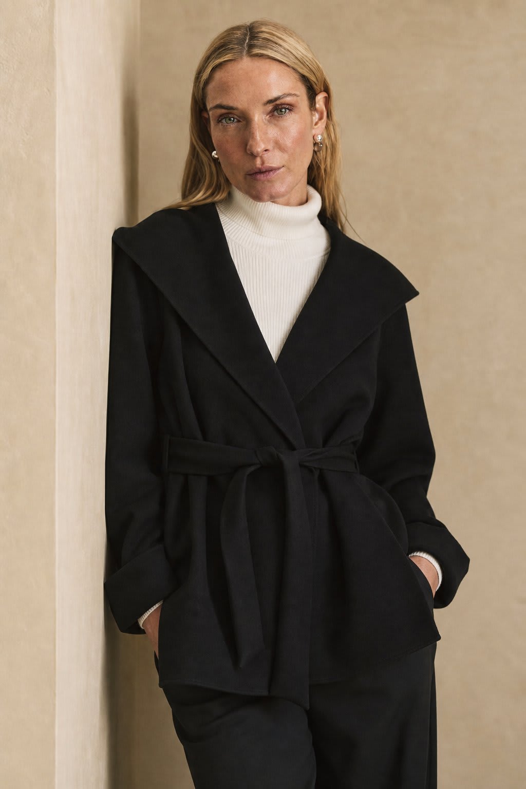 Sharon | belted wrap coat with wide shawl collar and patch pockets
