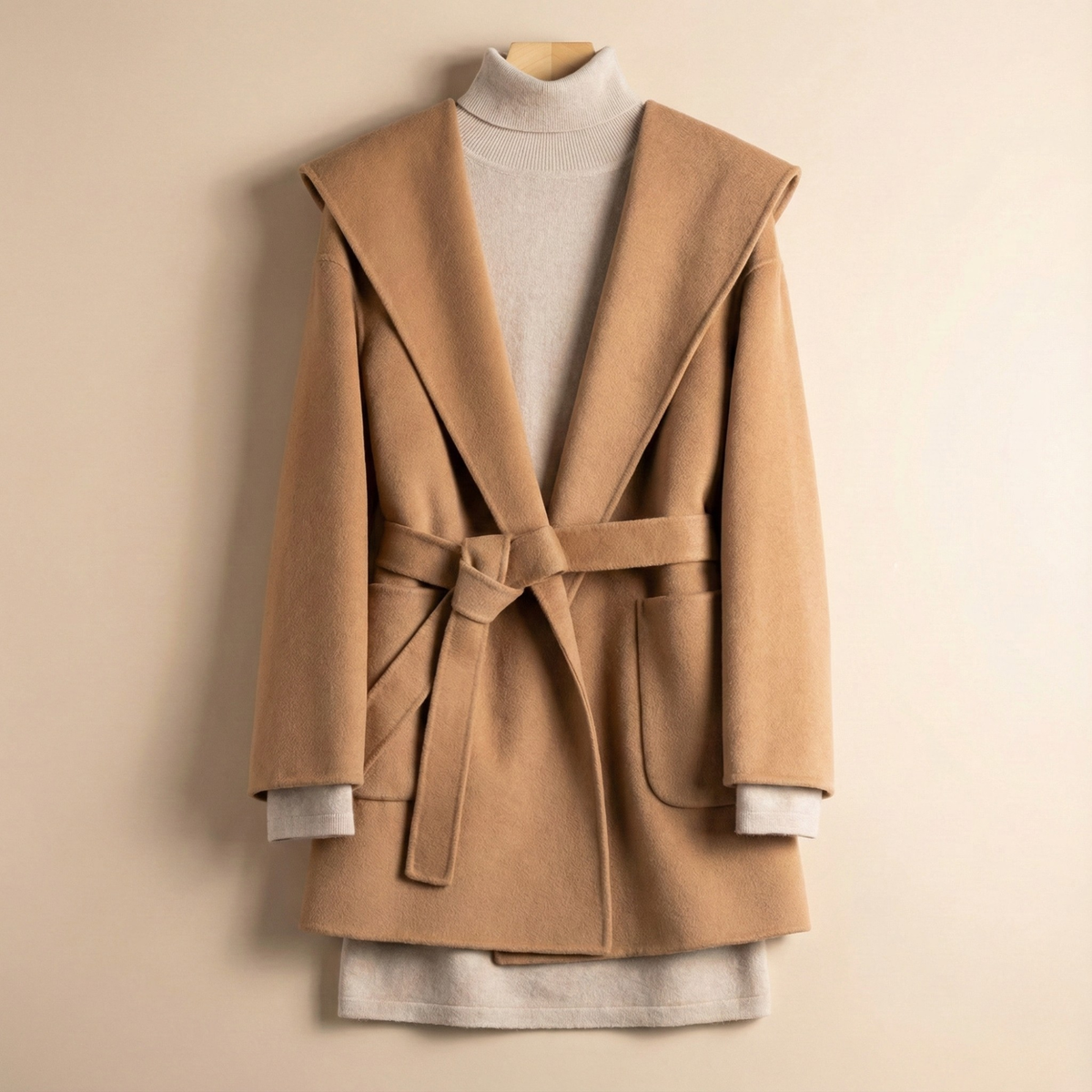 Woman wearing a belted wrap coat with a wide shawl collar, tie belt, and patch pockets over a turtleneck and trousers._8