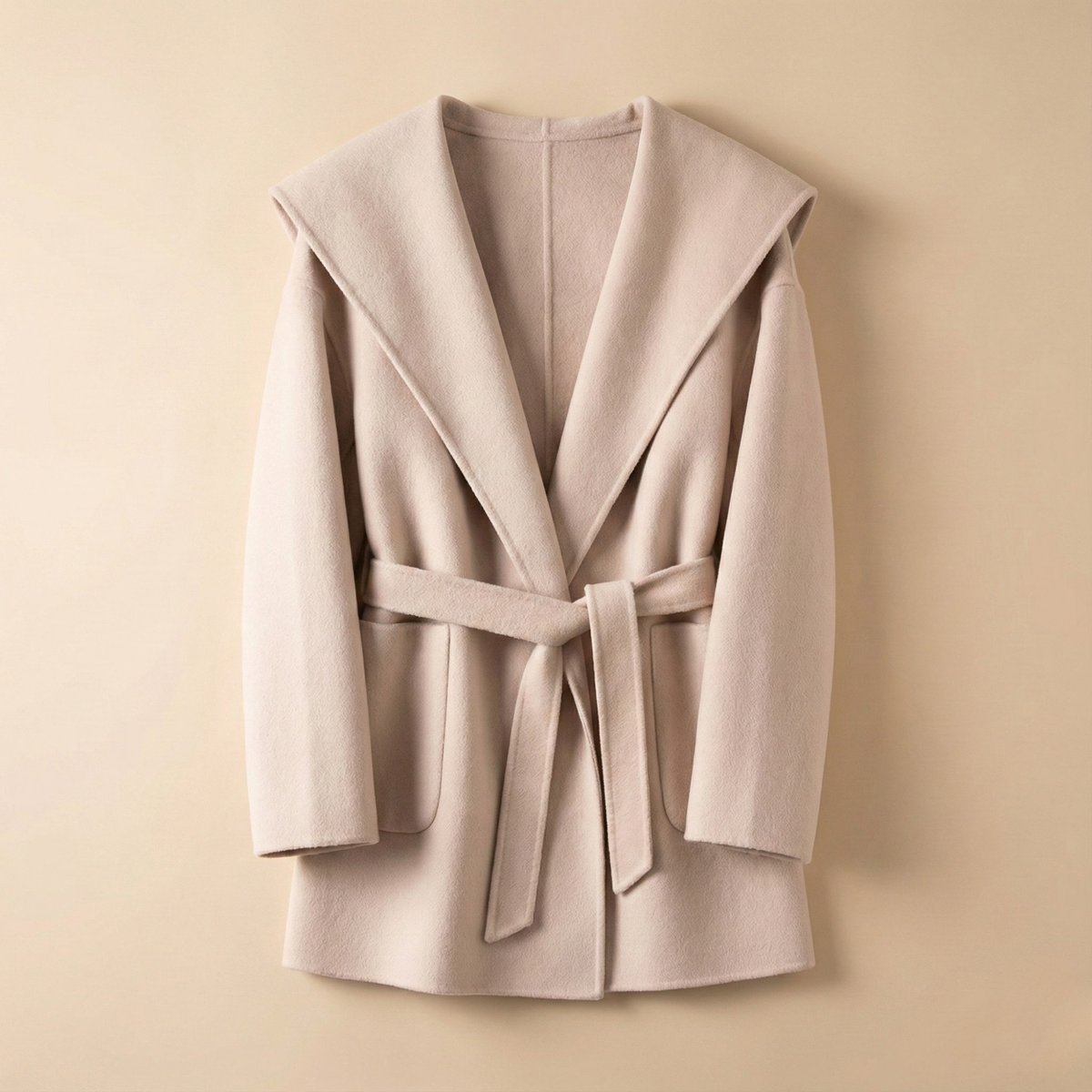 Woman wearing a belted wrap coat with a wide shawl collar, tie belt, and patch pockets over a turtleneck and trousers._9