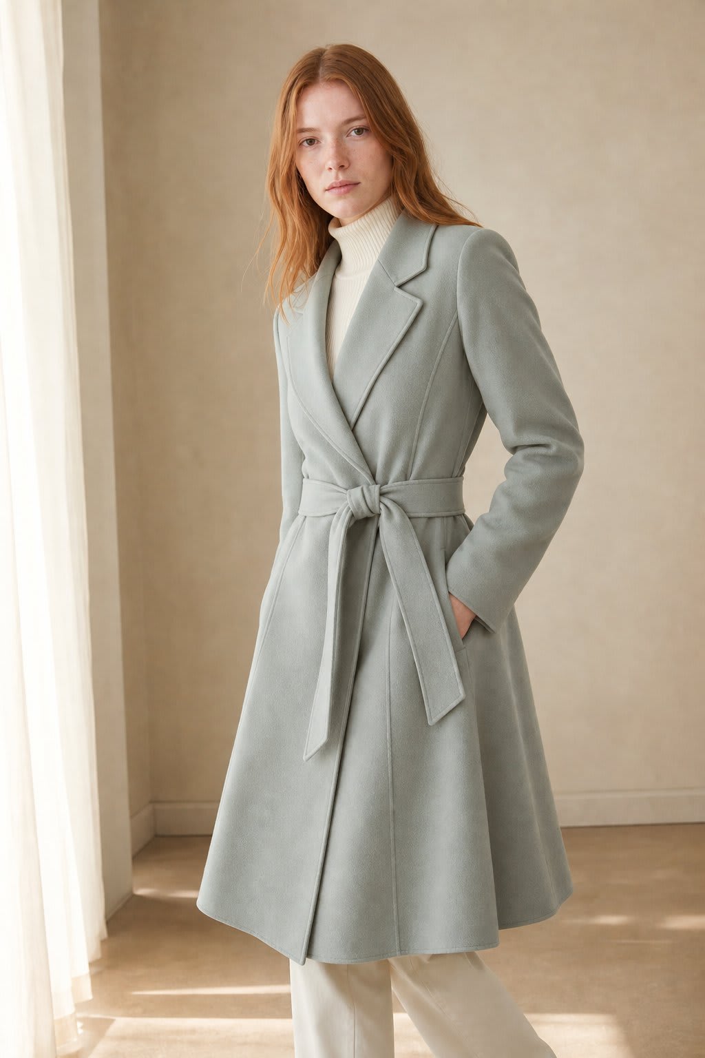 Woman wearing a belted wrap coat with notch lapels and a flared skirt, shown in a soft neutral shade._0
