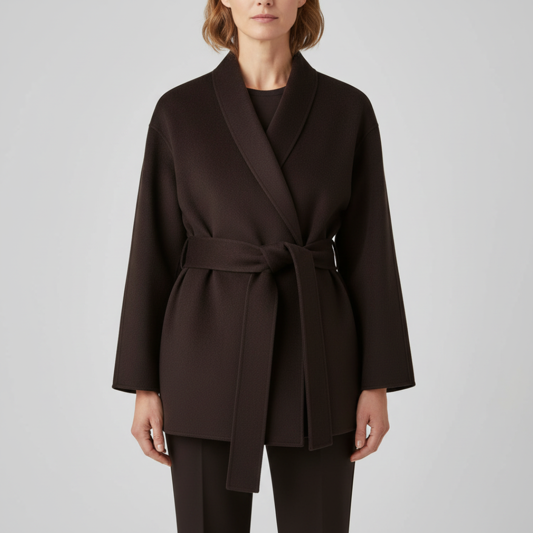 Woman wearing a dark belted wrap jacket with shawl collar and tie waist, styled with matching pants._0