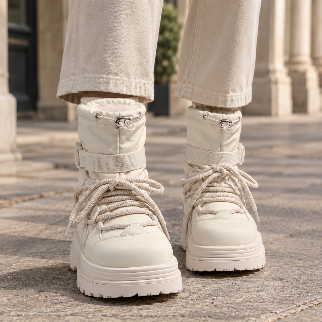 Cream ankle boots with drawstring padded cuff, instep strap, thick laces and chunky platform lug sole worn with light beige jeans on a paved street._0