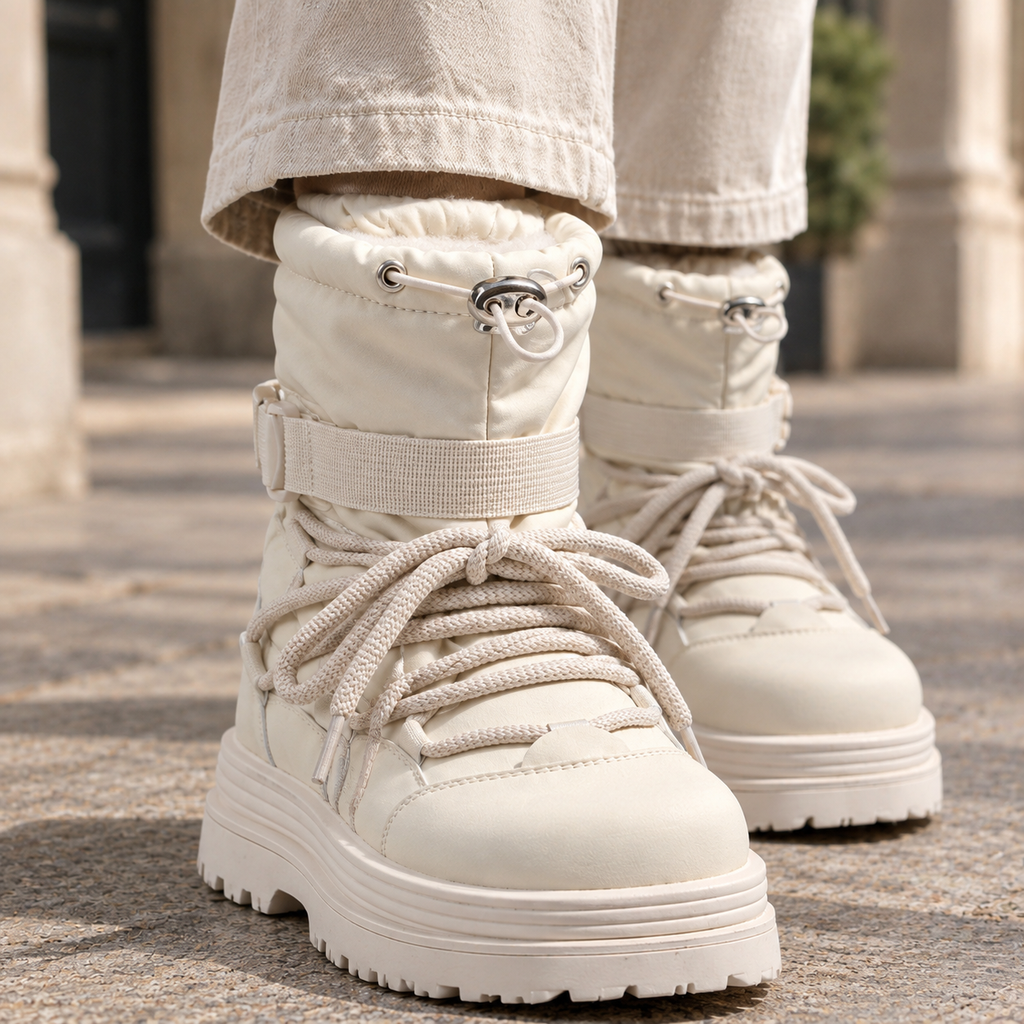 Cream ankle boots with drawstring padded cuff, instep strap, thick laces and chunky platform lug sole worn with light beige jeans on a paved street._1