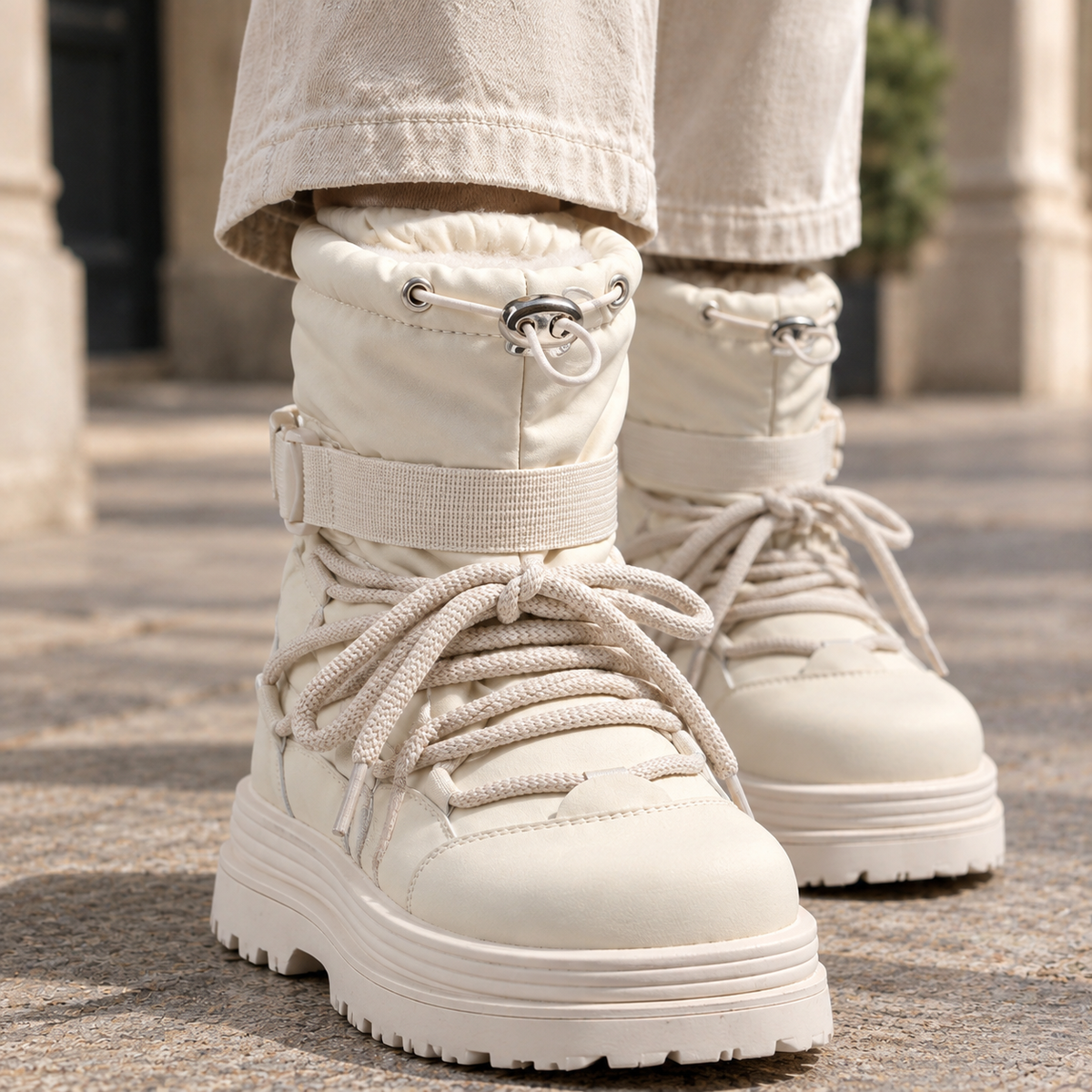Cream ankle boots with drawstring padded cuff, instep strap, thick laces and chunky platform lug sole worn with light beige jeans on a paved street._1