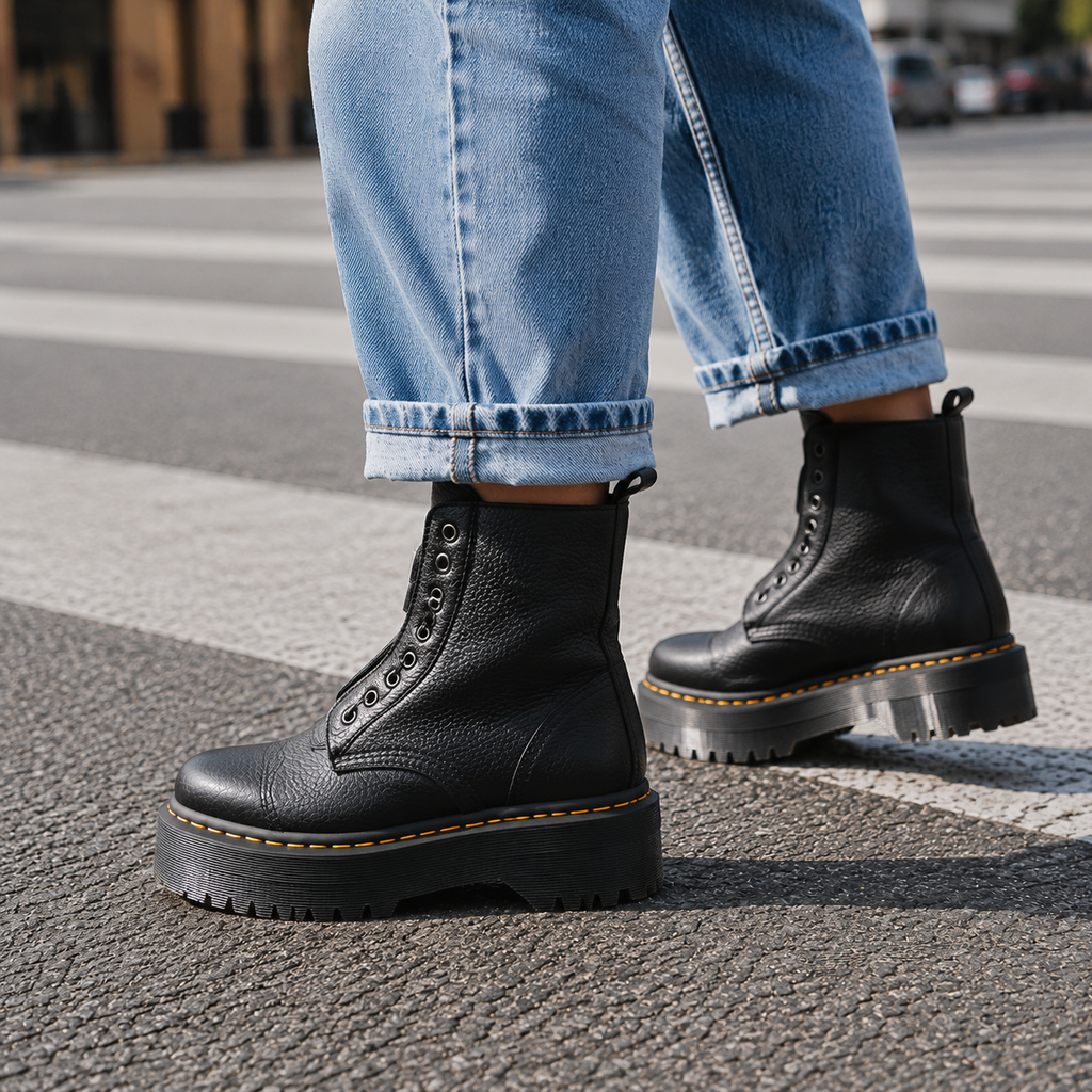Person wearing black platform ankle boots with front zips and laces, styled with cuffed light blue jeans on a street crossing._1