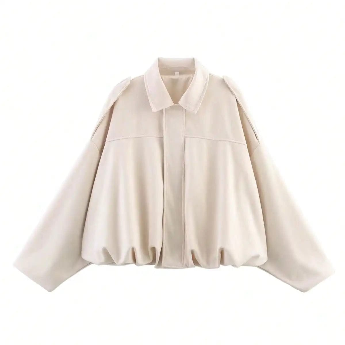 Model wearing a relaxed bomber jacket with lapel collar and zip closure, styled with white pants_16