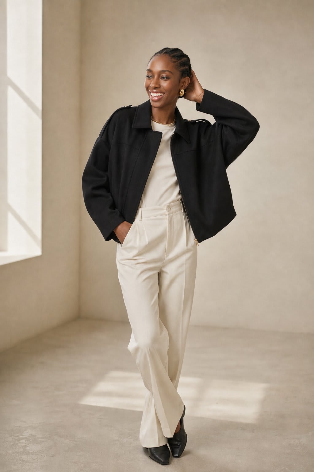 Model wearing a relaxed bomber jacket with lapel collar and zip closure, styled with white pants_8