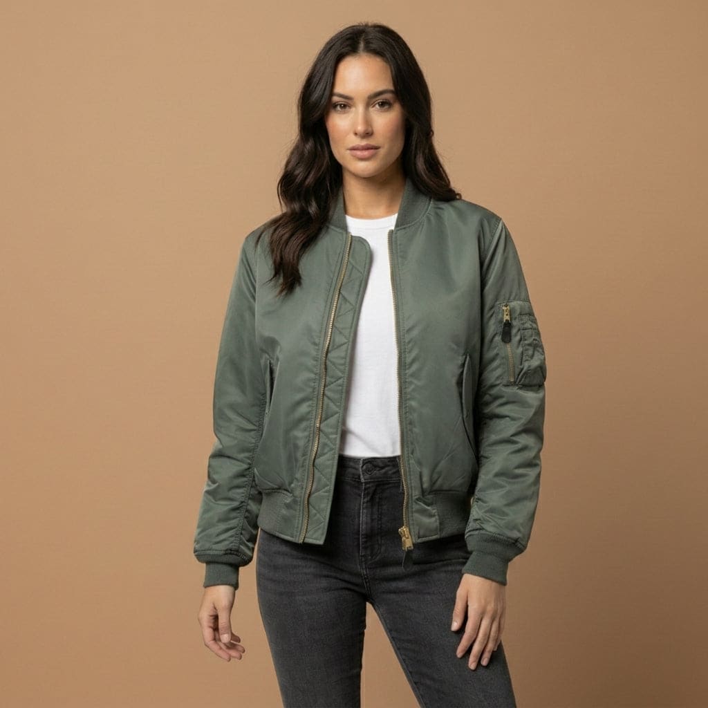 Woman wearing a green bomber jacket with ribbed trims and zipper closure over a white top and black jeans._0